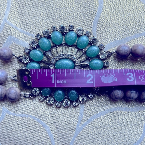 Gray Beaded Turquoise Rhinestones Gold Necklace 19” Center Pendant 2.5” - Picture 7 of 10